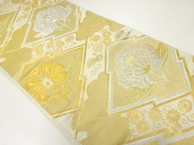 アンティーク　松皮菱に花模様織出し袋帯（着用可）